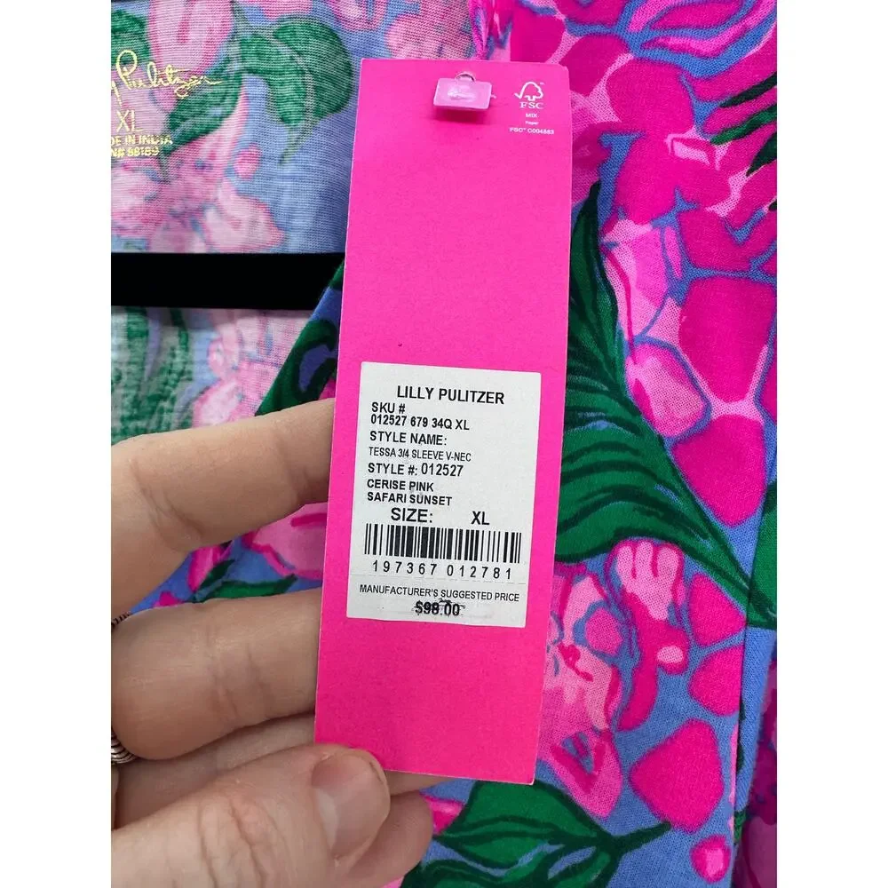 Lilly Pulitzer Women's XL NWT Tessa 3/4 Sleeve V Neck Cerise Pink Safari Sunset - Picture 7 of 13